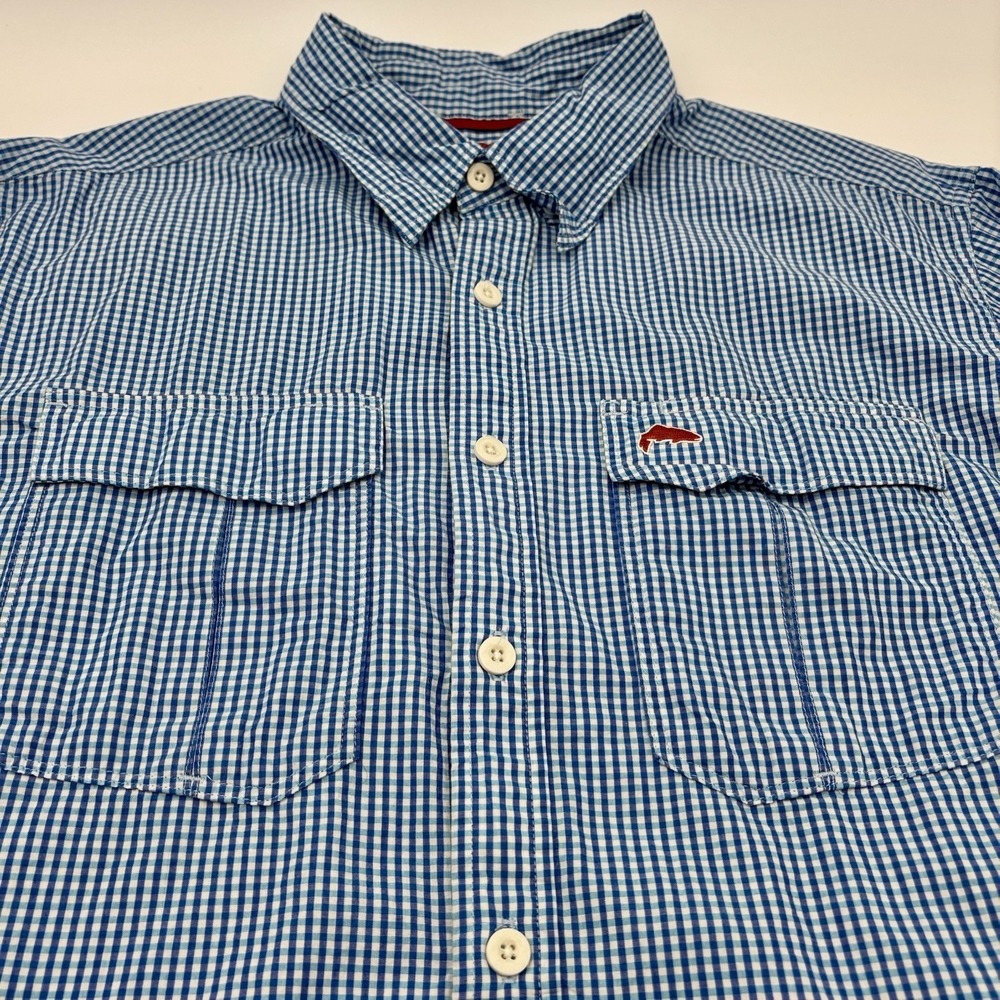 Simms Fishing Men's Long Sleeve Shirt Medium Blue White Gingham Cotton RN 103631